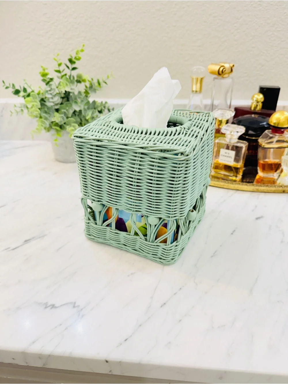 Vintage 1970s Mint Wicker Tissue Box Cover – Boho Handwoven